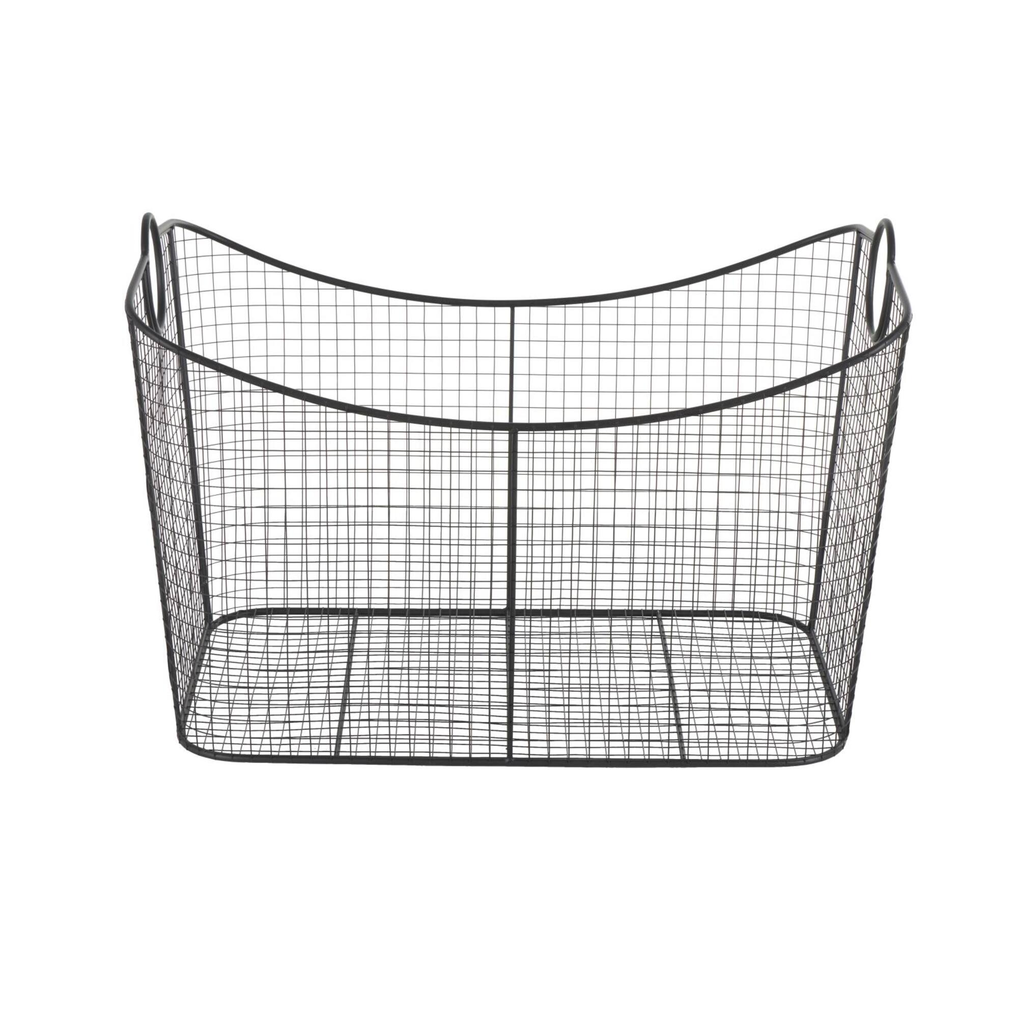 30.25" Black Metal Open Frame Wire Grid Storage Basket with Curved Sides & Ring Handles